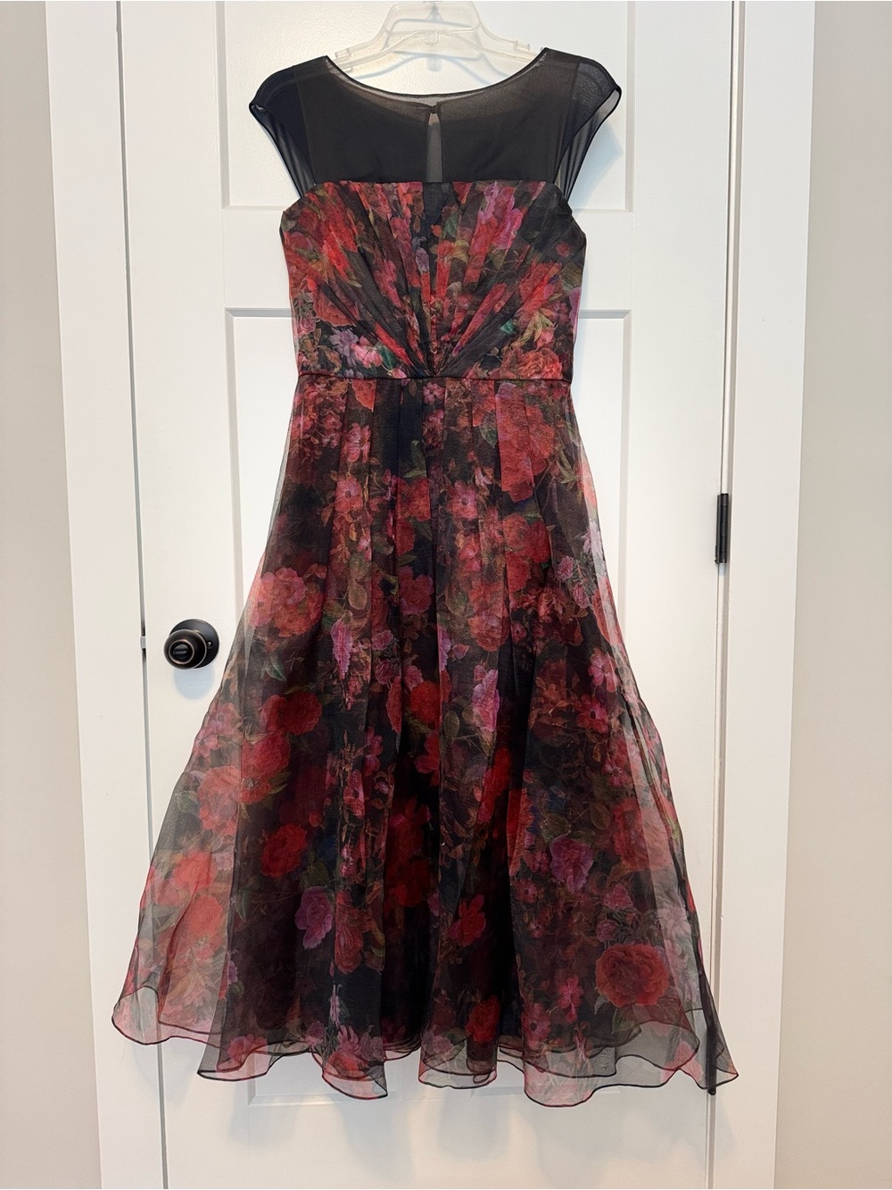 Theia Black Floral Organza A line midi Dress